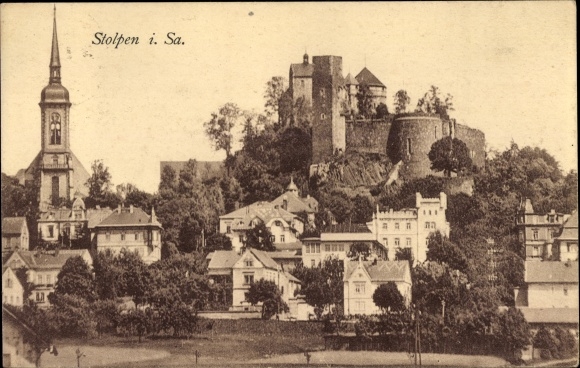 Postcard Stolpen in Saxony, church and castle