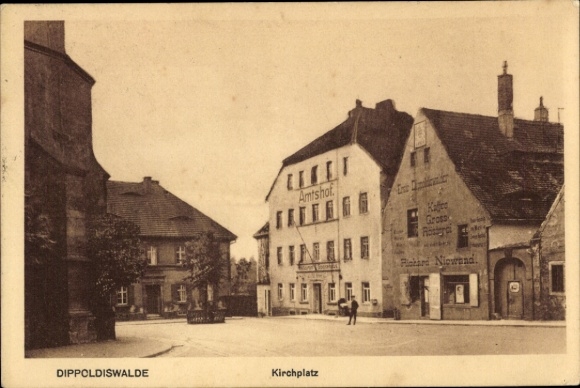 Postcard Dippoldiswalde in the Eastern Ore Mountains, church square, district court, shop Richard Niewand