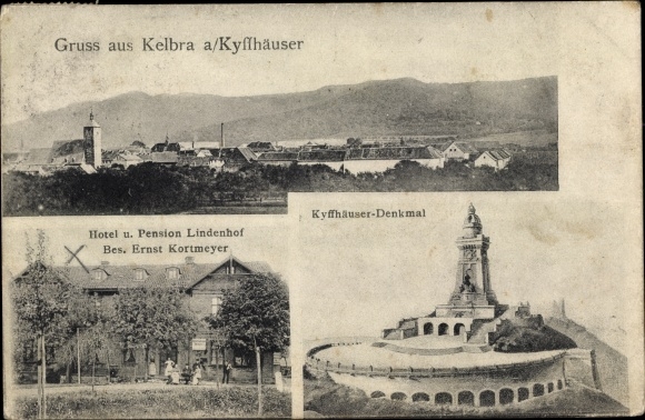 Ak Kelbra am Kyffhäuser, Hotel Lindenhof, totaaloverzicht, Kaiser-Wilhelm-monument