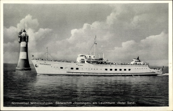 Postcard Wilhelmshaven in Lower Saxony, bathing ship Rüstringen, Roter Sand lighthouse