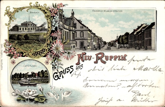 Litho Neuruppin in Brandenburg, Friedrich Wilhelm Straße, Bahnhof, Cafe Alsen