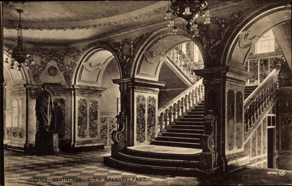 Postcard Belfast Northern Ireland, Grand Staircase, City Hall, elegant interior, statue
