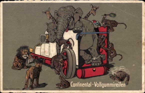 Postcard Continental solid rubber tires, automobile, elephant, lions, giraffes, monkeys