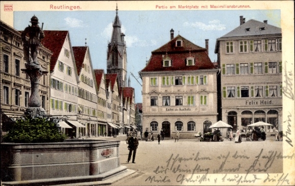 Ak Reutlingen in Baden Württemberg, Partie am Marktplatz, Maximiliansbrunnen, Felix Heid, Apotheke