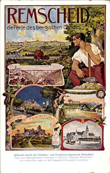 Artist Postcard Remscheid in the Bergisches Land, Town Hall, Dam, Burg Castle, Kaiser Wilhelm Bridge