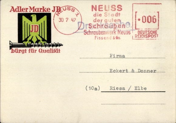 Ak Neuss, Schraubenwerk Fissené & Co., Adler Marke JD