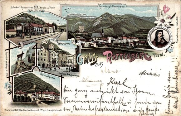 Chromo-Litho Rattenberg in Tirol, general view, station restoration