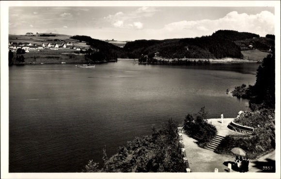 Postcard Saalburg in Thuringia, view of the reservoir, landscape, water, trees, boats