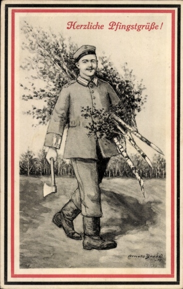 Artist Postcard Congratulations Pentecost, German Soldier, Birch