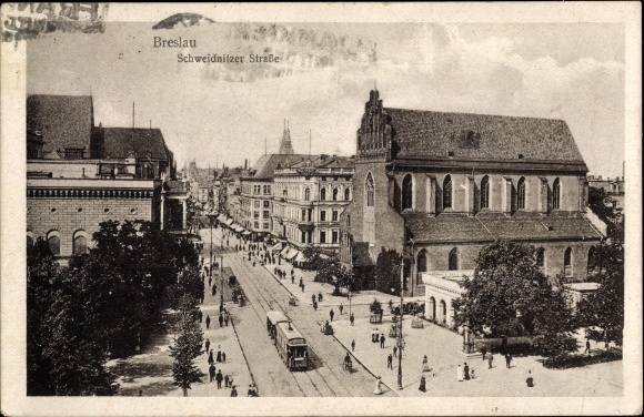 Postcard Breslau (Wrocław) in Schlesien, Schweidnitzer Straße, tram