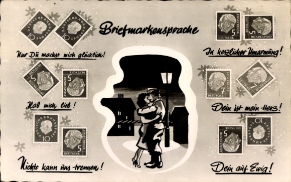Ak Briefmarkensprache, Küssendes Liebespaar, Dein auf Ewig