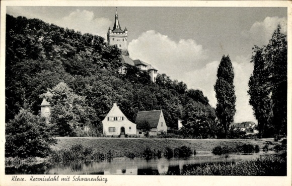 Ak Kleve am Niederrhein, Schwanenburg, Kecmisdahl, Häuser, Fluss, Bäume, Landschaft