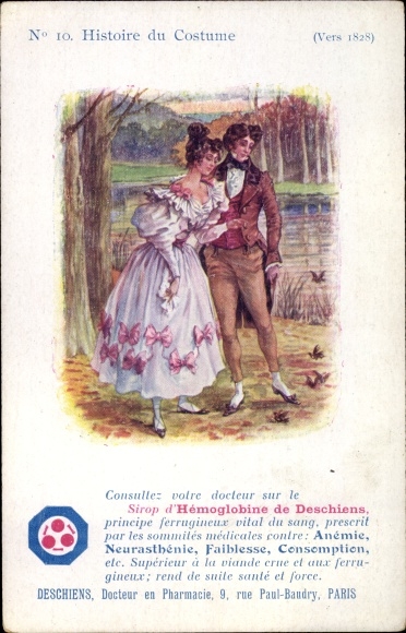 Postcard Historie du Costume, verse 1828, Sirop d&#39;Hemoglobine de Deschiens, advertisement