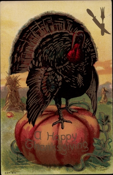 Präge Ak Thanksgiving, Turkey, Truthahn, Kürbis
