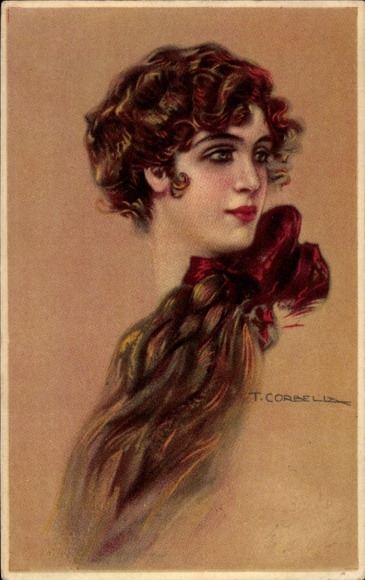 Artist Postcard Corbella, T., portrait of a woman, red bow in her hair