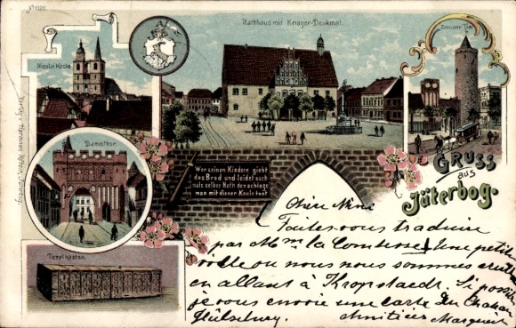 Litho Jüterbog in Brandenburg, Rathaus, Zinnaer Tor, Dammtor, Tetzelkasten