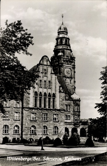PC Wittenberge on the Elbe Prignitz, town hall, black and white, r style, clock tower, trees