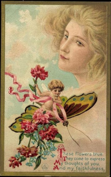 Complete series 12 embossed PCs Young woman, long hair, butterfly, angel