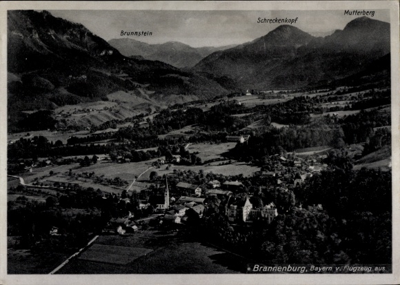 Postcard Brannenburg in Upper Bavaria, aerial photograph, Mutterberg, Schreckenkopf, Brunnstein