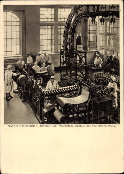 Postcard Mainz in Rhineland-Palatinate, Kuppferberg sparkling wine cellars, bottle conveyor and labeling machines