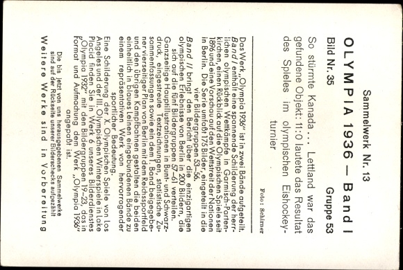 Collection picture Olympia 1936, ice hockey game Canada vs. Latvia