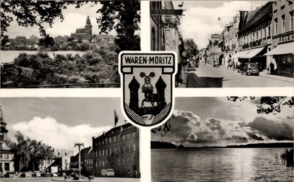 Coat of arms Postcard Waren an der Müritz, local history museum, street section, lake, town hall