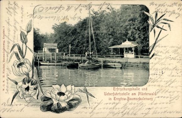 Postcard Berlin Treptow Baumschulenweg, refreshment hall, crossing point at Plänterwald