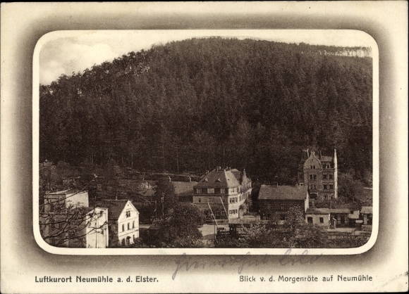 Ak Neumühle an der Elster, Blick von der Morgenröte auf den Ort