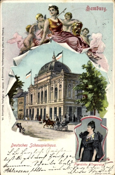 Postcard Hamburg Mitte St. Georg, Deutsches Schauspielhaus, angel, actress Franziska Ellmenreich
