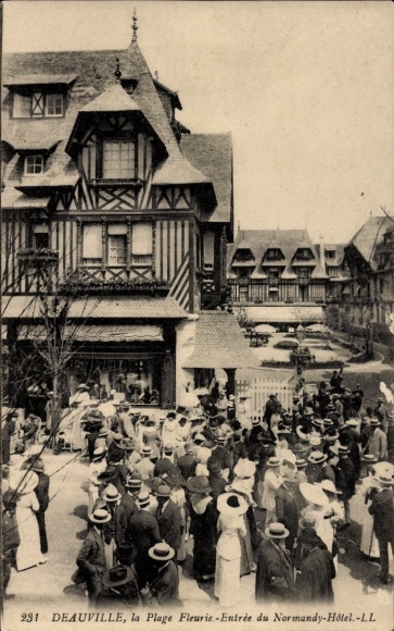 Ak Deauville Calvados, la Plage Fleurie-Entree du Normandy-Hotel