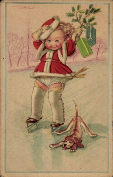 Kunstenaar litho Gelukkig nieuwjaar, meisje op schaatsen, hond
