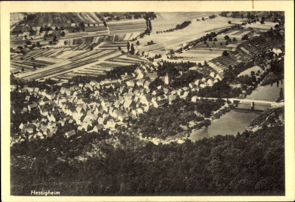 Postcard Hessigheim am Neckar, aerial view of river, bridge, houses, agriculture