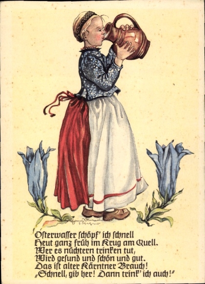 Artist Postcard Unrain Fischer, Carinthia Austria, farmer's wife drinking from a water jug
