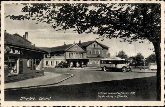 Postcard Bitterfeld in Saxony Anhalt, train station, bus, Sulima, square