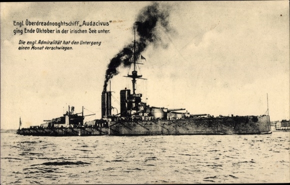 Postcard British warship, HMS Audacious, Royal Navy, Überdreadnoughtschiff