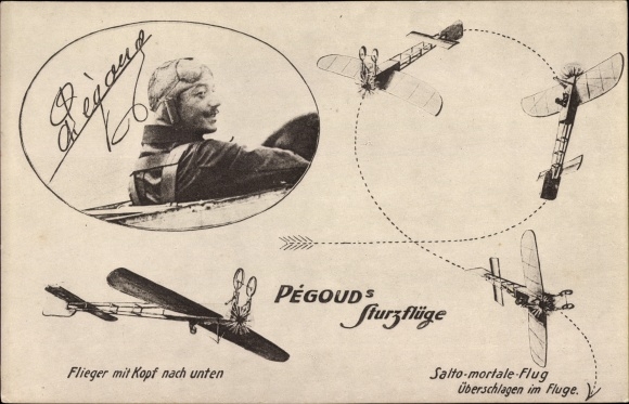 Postcard Aviation, Pegoud&#39;s dives, Salto mortale, portrait of the pilot