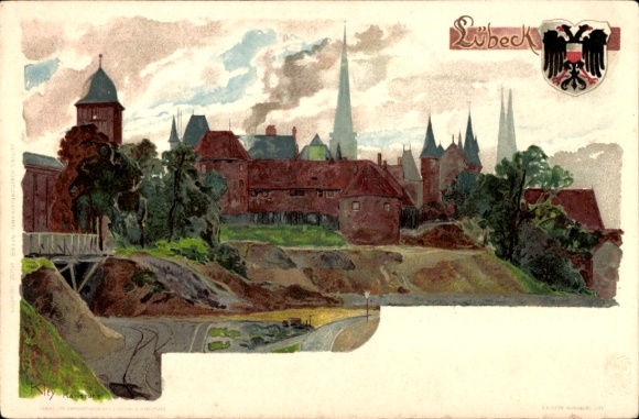 Artist Chromo-Litho Kley, Heinrich, Lübeck in Schleswig Holstein, Panorama of the city, coat of arms
