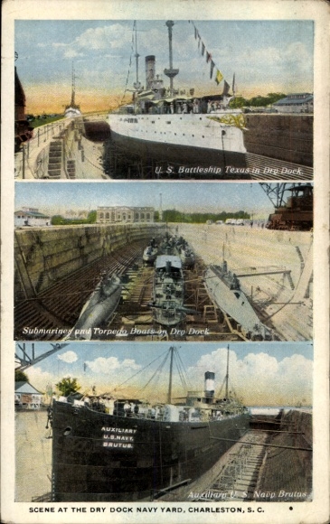 Ak USS Texas, USS Navy Brutus, onderzeeërs en torpedoboten in droogdok Charleston