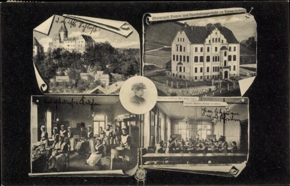 Postcard Schwarzenberg in the Erzgebirge Saxony, castle, housekeeping school