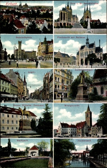 Postcard Erfurt in Thuringia, Cathedral, Train Station, Fish Market, Anger, Kaiser Wilhelm Memorial, City Park, Junk