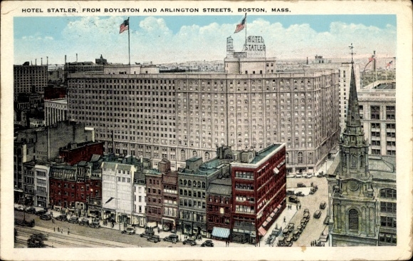 Ak Boston Massachusetts USA, Hotel Statler, Park Square, Arlington Church, gebouw