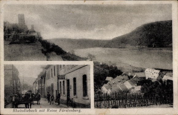 Postcard Rheindiebach Oberdiebach am Rhein, town views, ruins of Fürstenberg