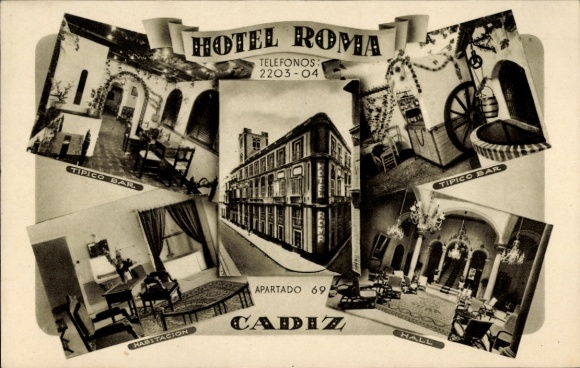 Postcard Cádiz Andalusia, Hotel Roma, telephone numbers, different areas, typical bar, hall