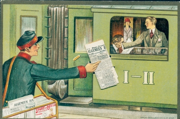 Artist Postcard Newspaper seller on the platform, train, passengers, Algemeen Handelsblad, advertisement