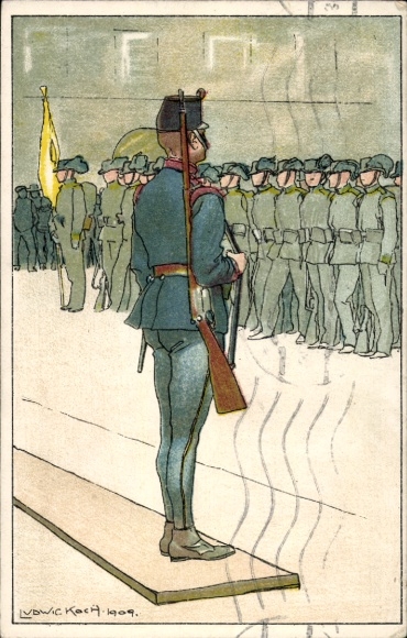 Artist Postcard Koch, Ludwig, kuk soldiers at roll call, 1909, Merry Christmas, Happy New Year