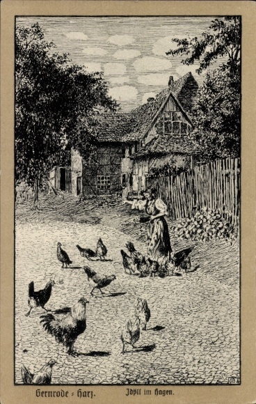 Artist Postcard Gernrode Quedlinburg in the Harz, woman feeding chickens, idyll in Hagen