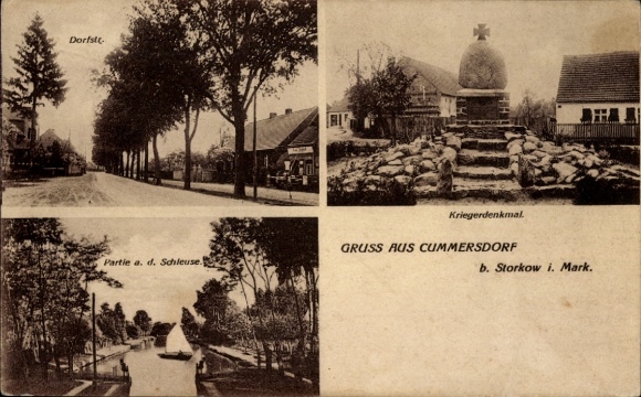 Postcard Kummersdorf Storkow in der Mark, Dorfstraße, war memorial, at the lock