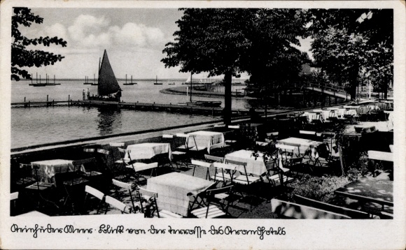 Postcard Steinhude Wunstorf in Lower Saxony, tables by the water, sailboat, trees, restaurant atmosphere