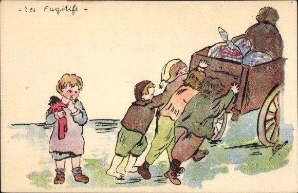Artist Postcard Les Fugitifs, Orphelinat des Armees, Children pushing a cart with sacks