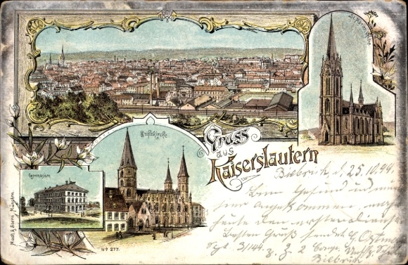 Chromo-Litho Kaiserslautern in the Palatinate, general view, Gymnasium, Stiftskirche